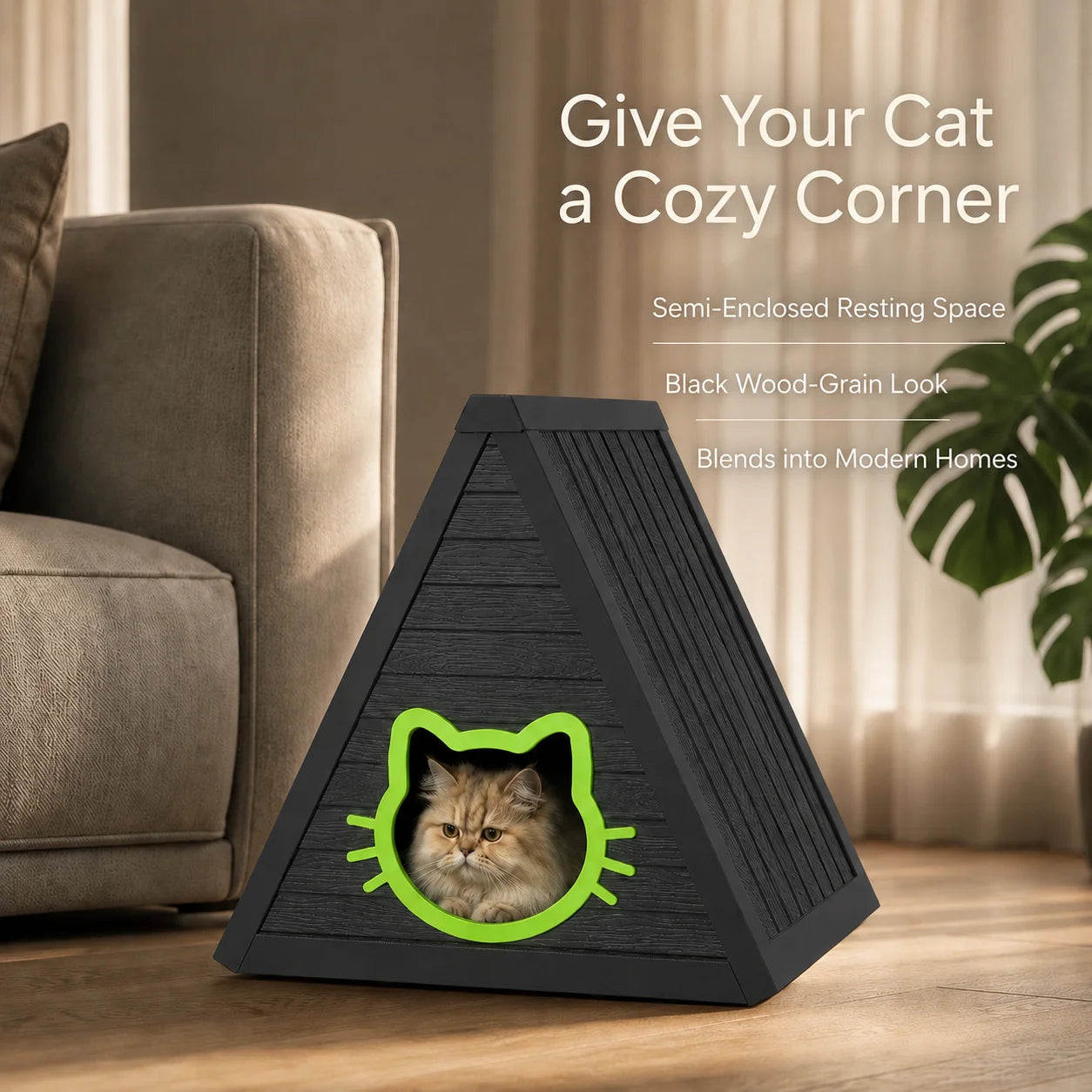 Triangular A Frame Plastic Cat House Cute Cat Head Entrance Semi Enclosed Kitten Hideaway Bed Minimalist Textured Indoor Pet Shelter Home Decor Cat Cave