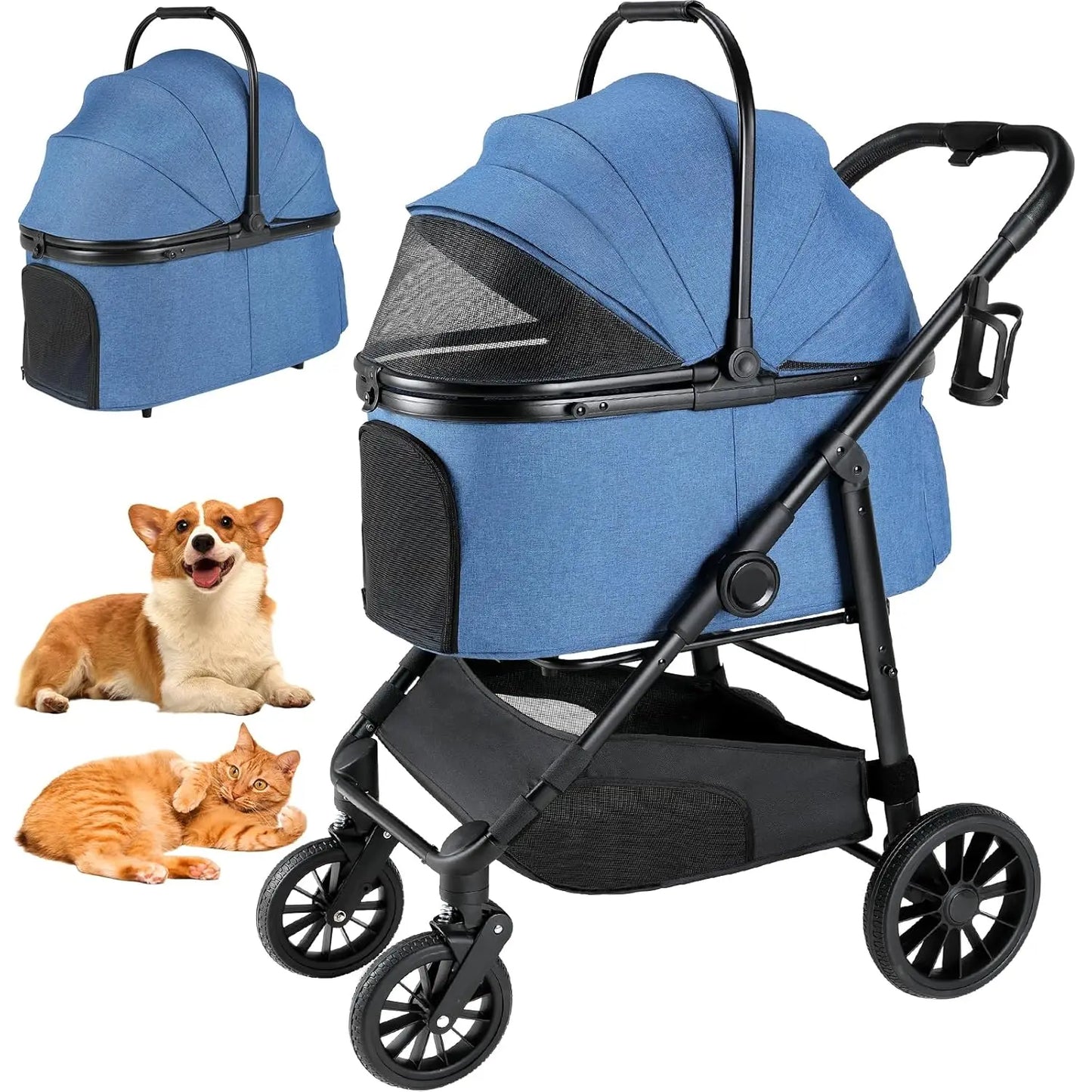 Foldable Pet Stroller for Medium Dog Cat Up to 55 lbs,All-Terrain 3-in-1 Dog Stroller with Carrier,Storage Basket,Cup Holder