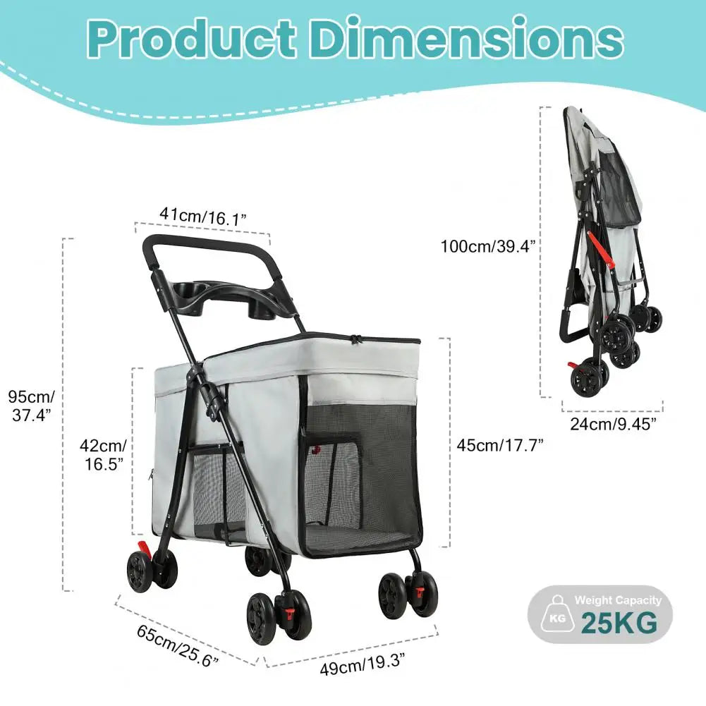Foldable Cat Dog Stroller with Swivel Wheel, 5 Ventilation Windows & Removable Tray, Travel Pet Cart for Small/Medium Dog