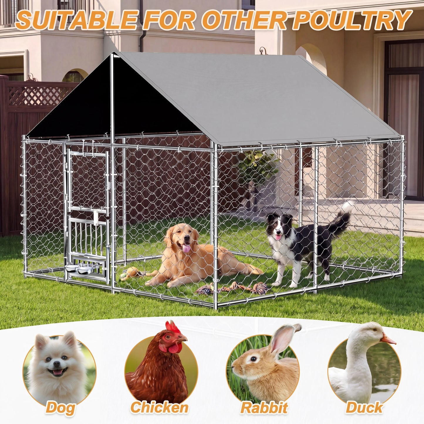 Dual-Openning Door Designed Heavy Duty Large Outdoor Dog Kennel with 200D Waterproof UV-Resistant Roof and 360° Rotate Dog Bowls