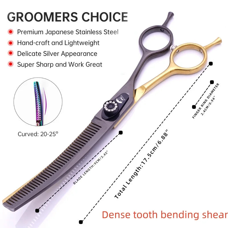 SHINEKNOT Pet Grooming Scissors 7.0-Inch Black Goldfish Bone Dense Teeth Curved Teeth Scissors For Trimming Hair Pet Scissors