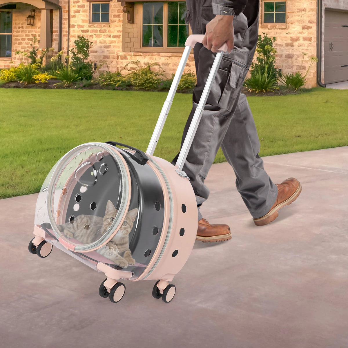 Light Pink Transparent Pet Travel Carrier Portable Trolley Suitcase for Pet Within 19.84lbs Durable Pet Transport Case Pet Cart