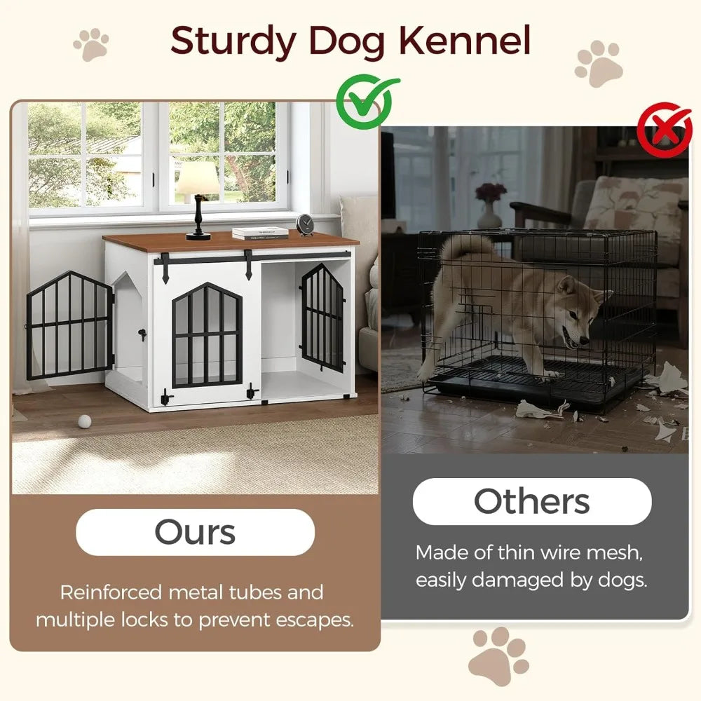 31.5" Farmhouse Dog Crate Furniture with Sliding Barn Door, Wooden Dog Cage for Small Medium Dogs, Decorative Pet House Side End Table, White and Walnut