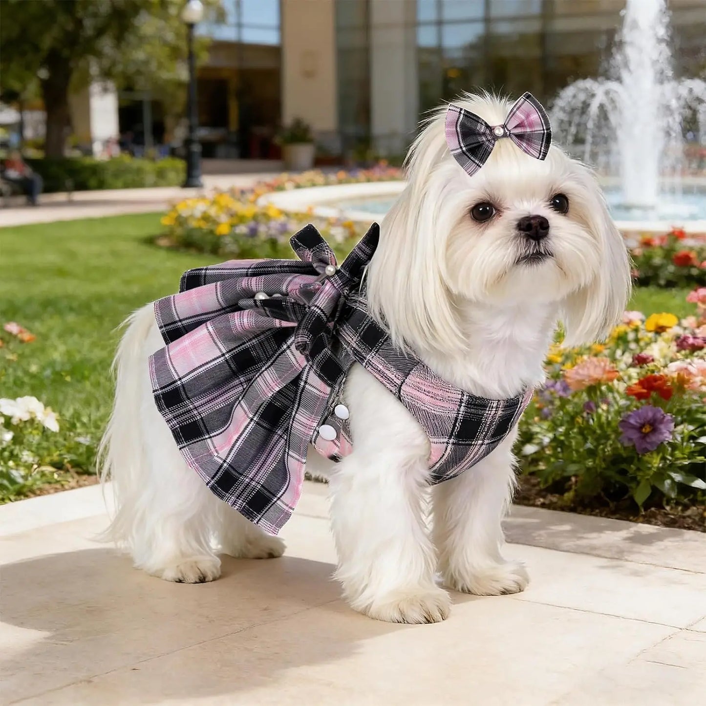 Dog Plaid Dress Harness and Leash Set with Bow for Small Girl Dog Cat Adjustable Mesh Vest