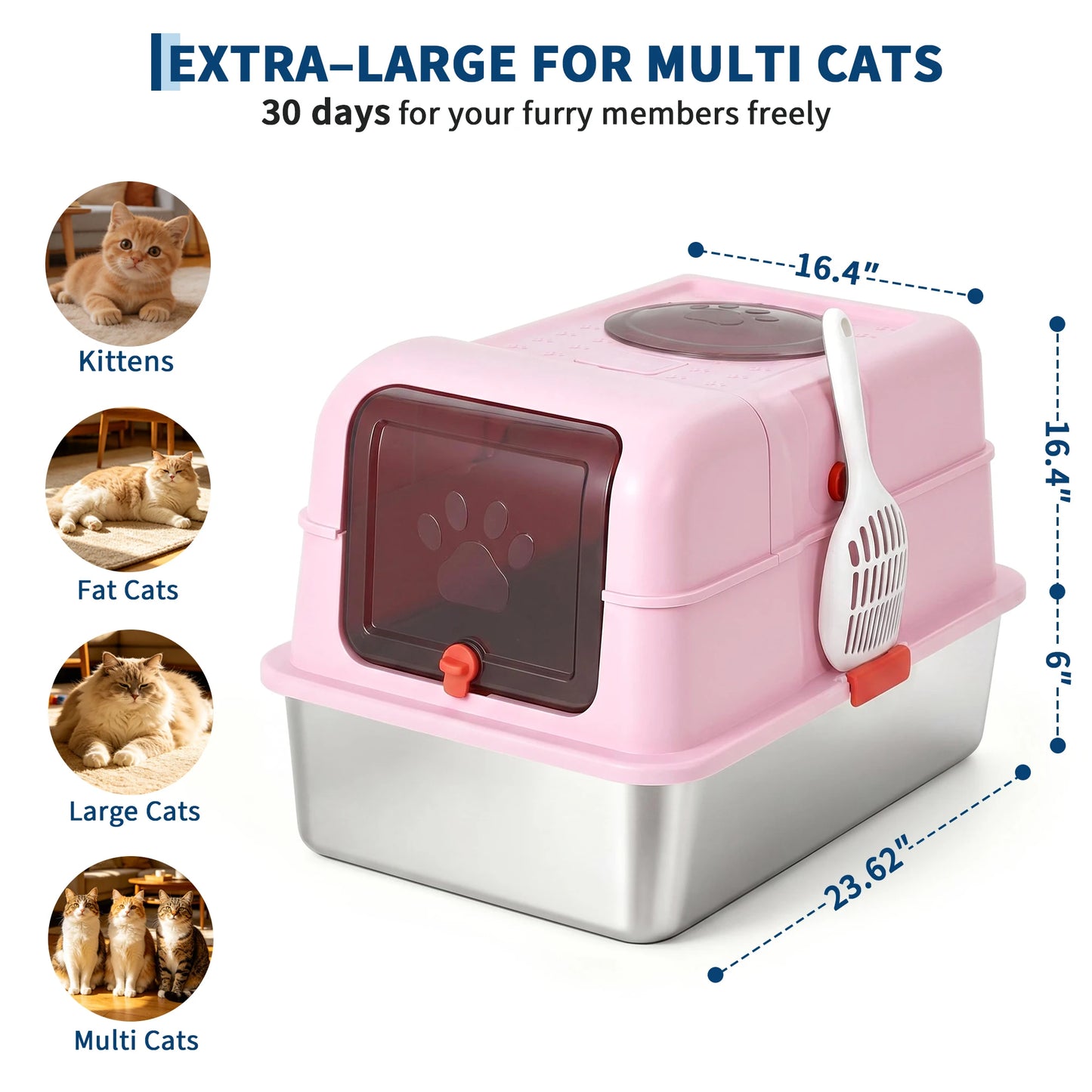 Dog Proof Litter Box Large Stainless Steel Cat Litter Box with Lid, XL Enclosed Metal Litter Pan, Front Entry Top Exit, High-Sided Anti-Leak, Includes Scoop for Big Cats & Multi-Cat Home