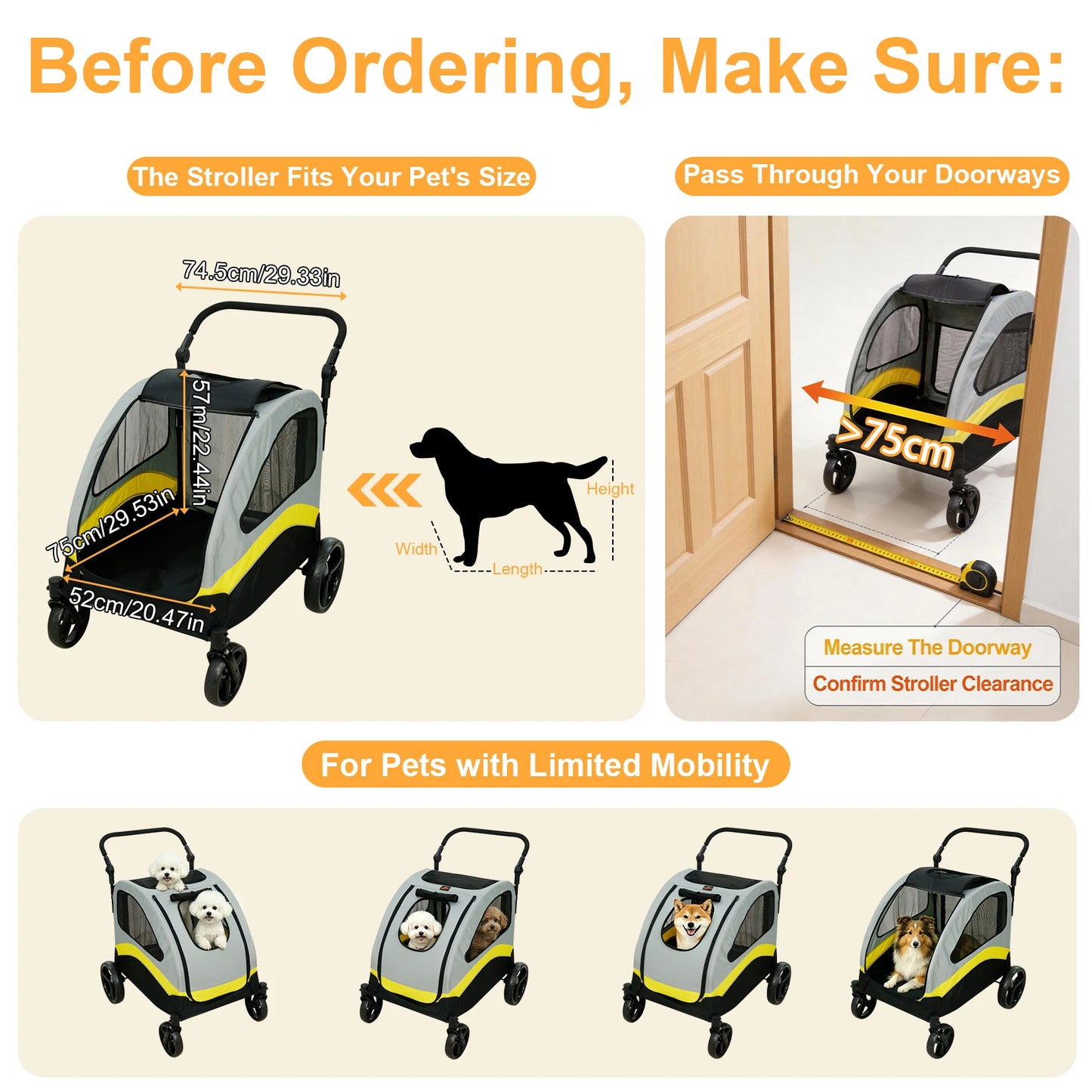 Premium Dog Stroller Pram 4 Wheel Foldable Cart Travel Walk Pet Jogger Wagon for Small Medium Large Dogs