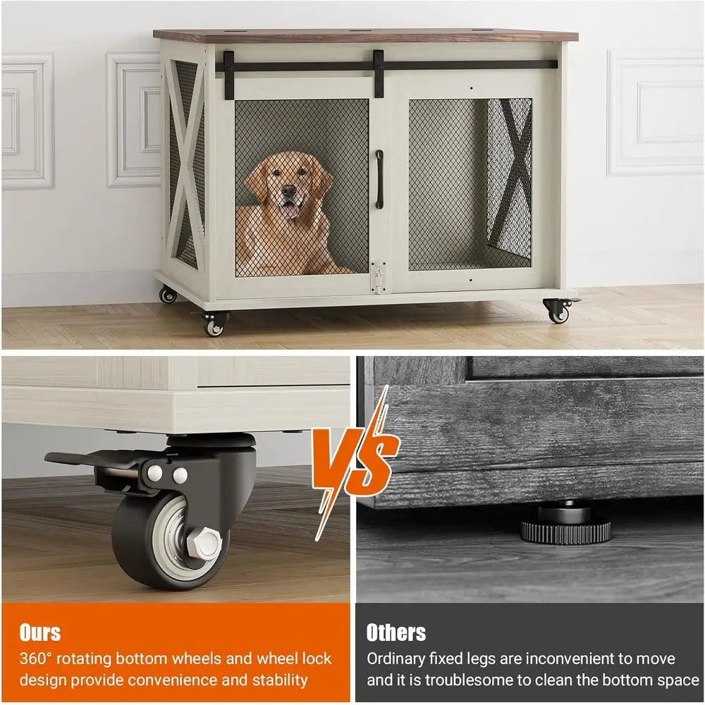 37 Sliding Barn Door Dog Crate Furniture, Wooden Top Kennel End Table, Medium Dog House, Two-Tone Brown & White