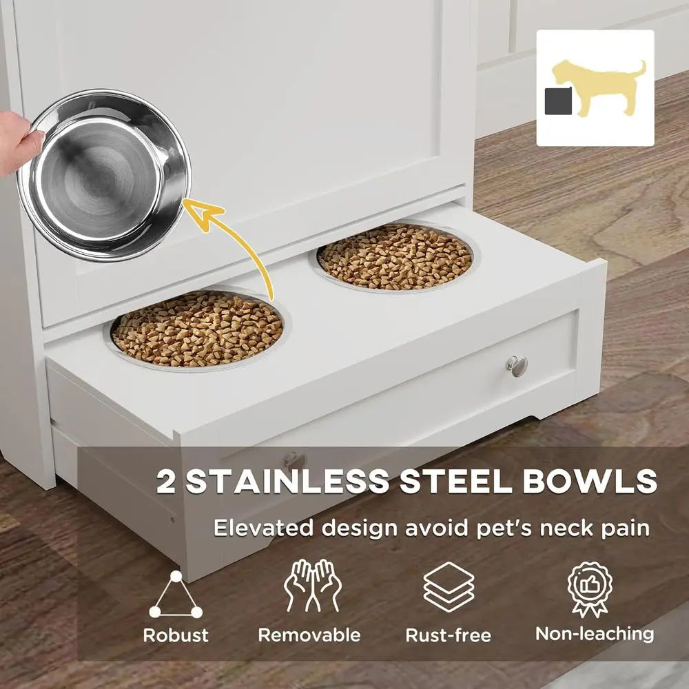Dog Feeding Station with 2 Storage Cabi, Elevated Bowls, Side Hooks, Anti-tip Kit, Hidden Pet eeder Station or eeding & Watering,