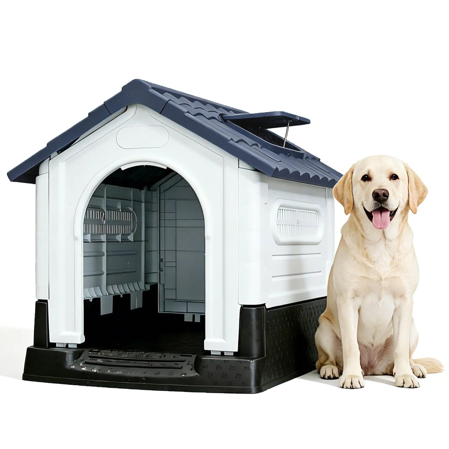 Waterproof Outdoor Dog House With Ventilation, Raised Floor And Openable Roof, Large Plastic Pet Shelter For Medium Dogs