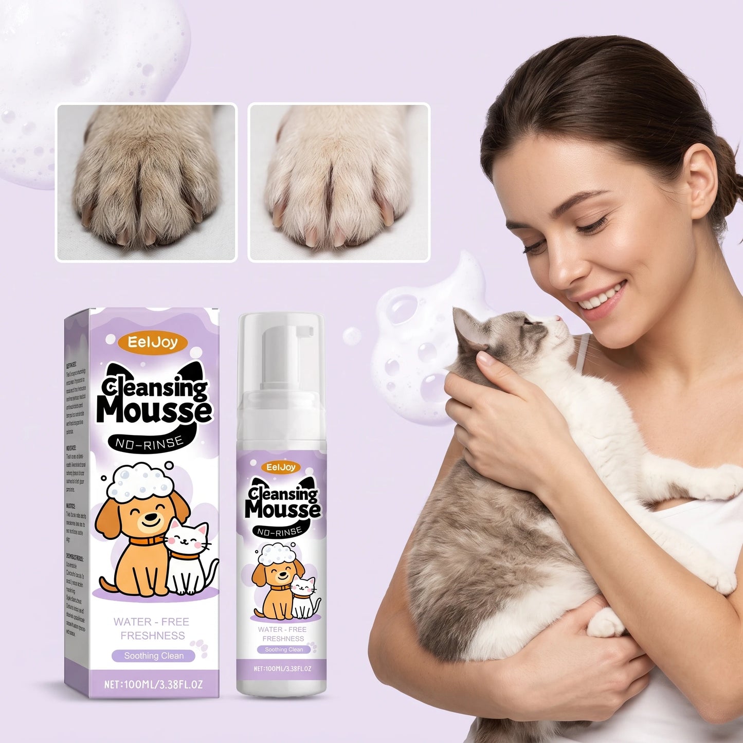 100ML No-rinse Pet Cleaning Mousse Gentle Remove Dirts Moisturizing Skin Eliminate Bad Odor Soothing Redness Refreshig Pet Foam Cleaner for Cats & Dogs