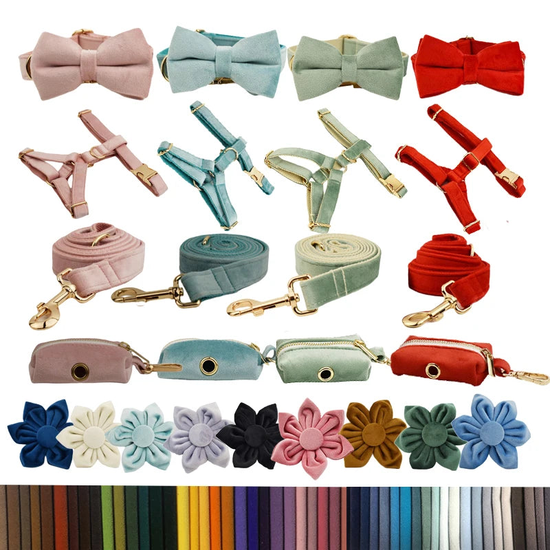 Multi Colors Pet Harness And Leash Set XS-XL Free Logo Dog Collar Bowtie Leads Accessory Velvet Pet Poop Bag Holder
