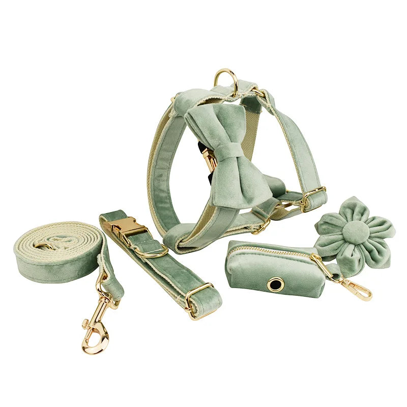 Multi Colors Pet Harness And Leash Set XS-XL Free Logo Dog Collar Bowtie Leads Accessory Velvet Pet Poop Bag Holder
