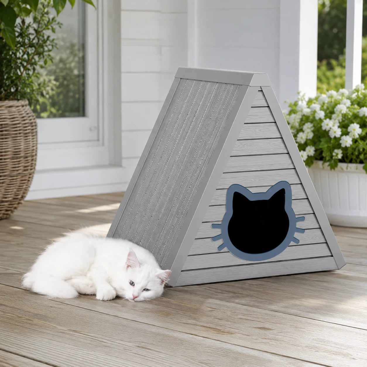 Triangular A Frame Plastic Cat House Cute Cat Head Entrance Semi Enclosed Kitten Hideaway Bed Minimalist Textured Indoor Pet Shelter Home Decor Cat Cave