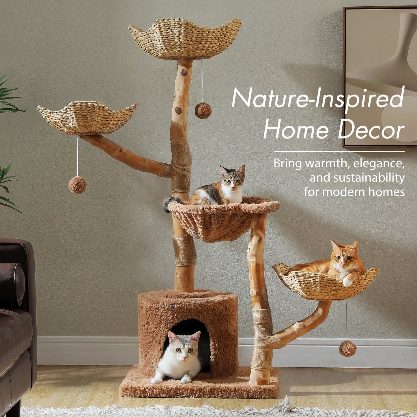 Large Cat Tree Tower with Sisal Scratching Post Wicker Basket Bed Flower Cat Condo Indoor Modern Cat Furniture Cat Accessories