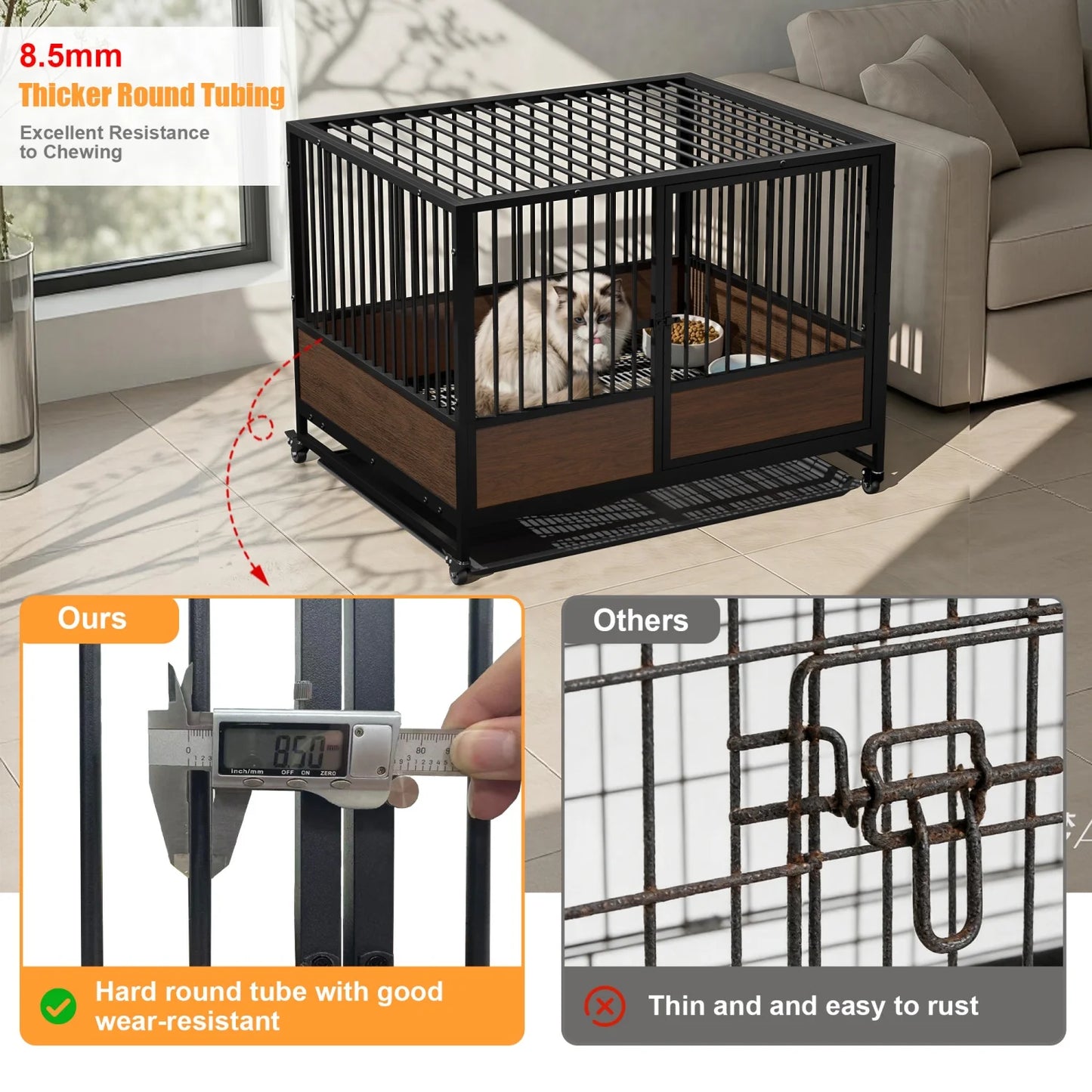 Furniture Style Metal Cat Cage Pet Kennel Roliing Cat Kittens Whelping Crate with Removable Tray for Homes Pet Shops