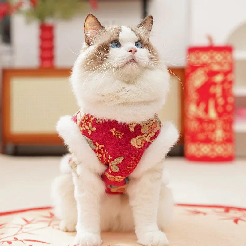New Year's Pet Dog Cat Clothing Autumn Winter Thick Velvet Dog Red Vest Tang Clothing Teddy Bear Chinese Pet Cat VestCat Clothes