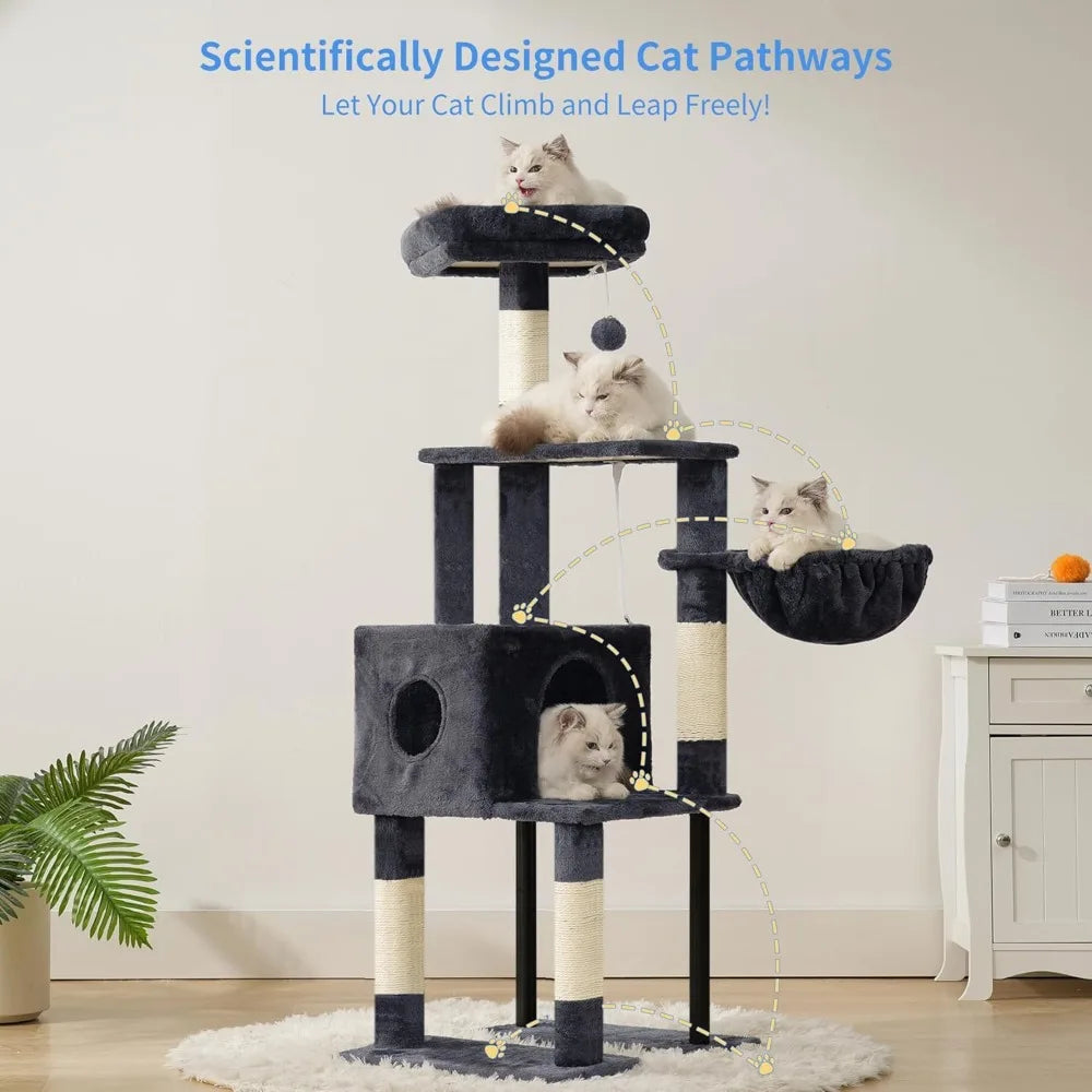 49In MultiLevel Cat Tower with Hidden Condo Steel Frame Plush Perch Hammock and Sisal Posts