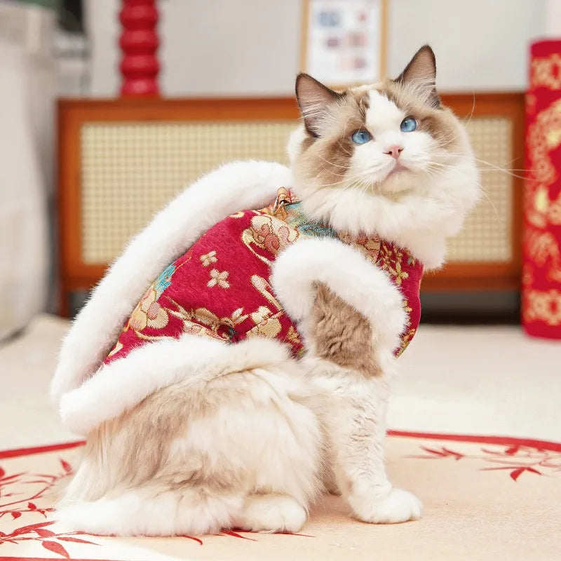 New Year's Pet Dog Cat Clothing Autumn Winter Thick Velvet Dog Red Vest Tang Clothing Teddy Bear Chinese Pet Cat VestCat Clothes