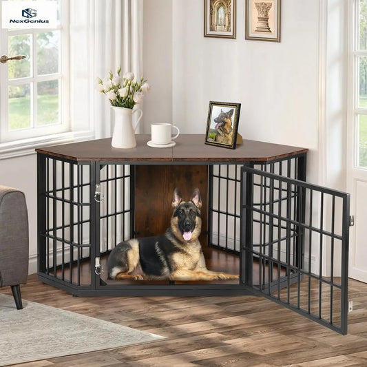 52 Inch Dog Crate Furniture Corner, Wooden Dog Kennel Furniture, End Table Dog Crate for Large Dogs, Indoor Pet Crates Corner Si