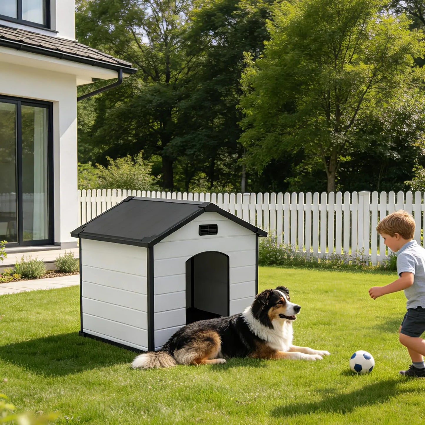 Outdoor Dog House, Waterproof Insulated Dog Kennel with Elevated Floor and Removable Roof, Durable Plastic Pet Shelter for Backyard, for Large Dogs, 46" L x 40" W x 40" H, Cement Gray