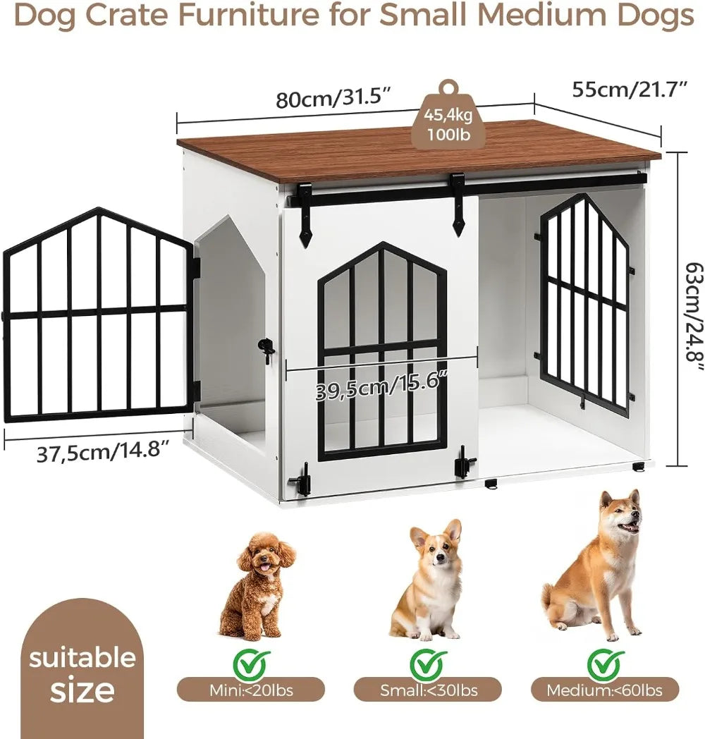 31.5" Farmhouse Dog Crate Furniture with Sliding Barn Door, Wooden Dog Cage for Small Medium Dogs, Decorative Pet House Side End Table, White and Walnut