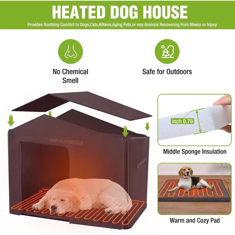 Insulated & Heated Outdoor Dog Kennel for Large, Medium & Small Dogs in Winter, Heavy-Duty Iron, Deep Brown