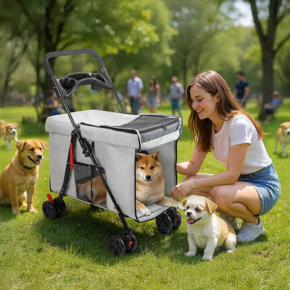 Foldable Cat Dog Stroller with Swivel Wheel, 5 Ventilation Windows & Removable Tray, Travel Pet Cart for Small/Medium Dog