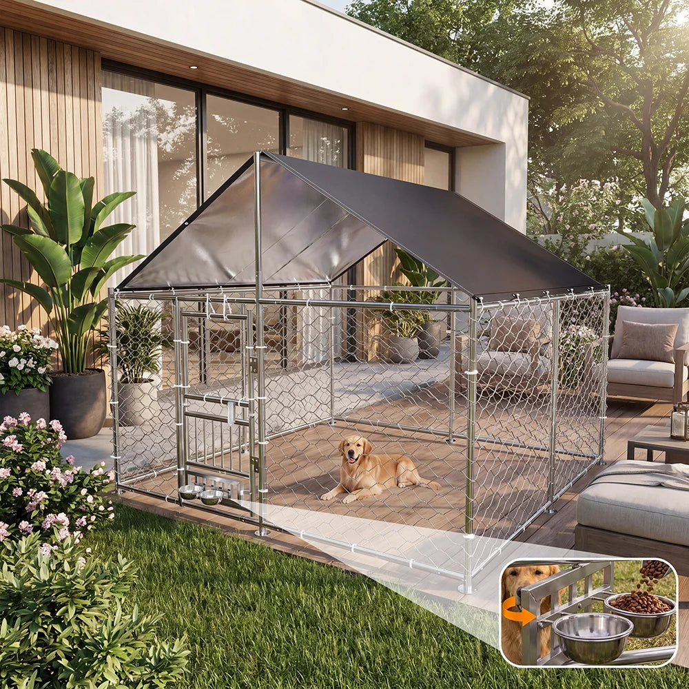 Dual-Openning Door Designed Heavy Duty Large Outdoor Dog Kennel with 200D Waterproof UV-Resistant Roof and 360° Rotate Dog Bowls