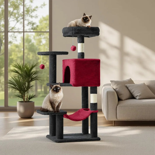 44 Inch Cat Tree Tower with Sisal Scratching Posts Hammock Condo for Indoor Cats Kittens Play Black Red