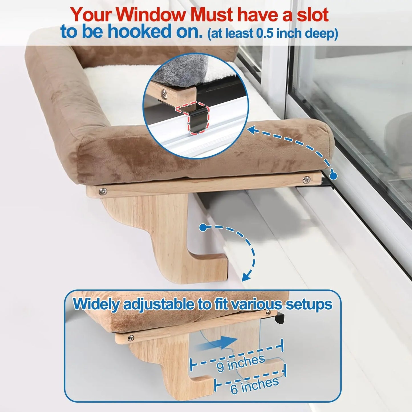 Cat Perch for Window Sill with Bolster - Orthopedic Hammock Design with Premium Hardwood & Robust Metal Frame - Cat Window Seat for Large Cats - Natural Color Wood Gray Bed, 26.4''W