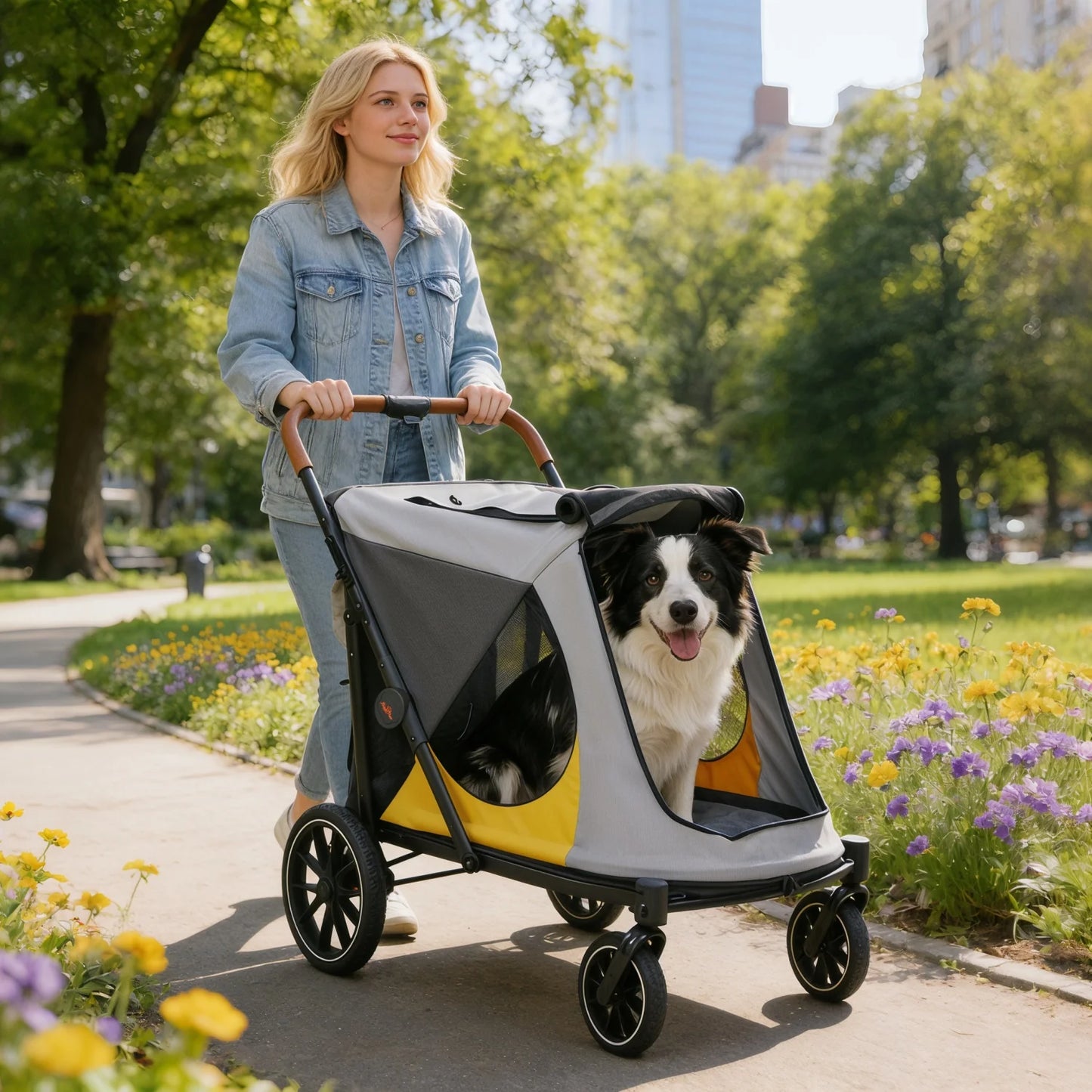 One-Click Folding Dog Stroller for Large Dogs Outdoor Pet Jogger Wagon Stroller Carrier with Storage Pockets 4 Wheels Pet Travel Stroller