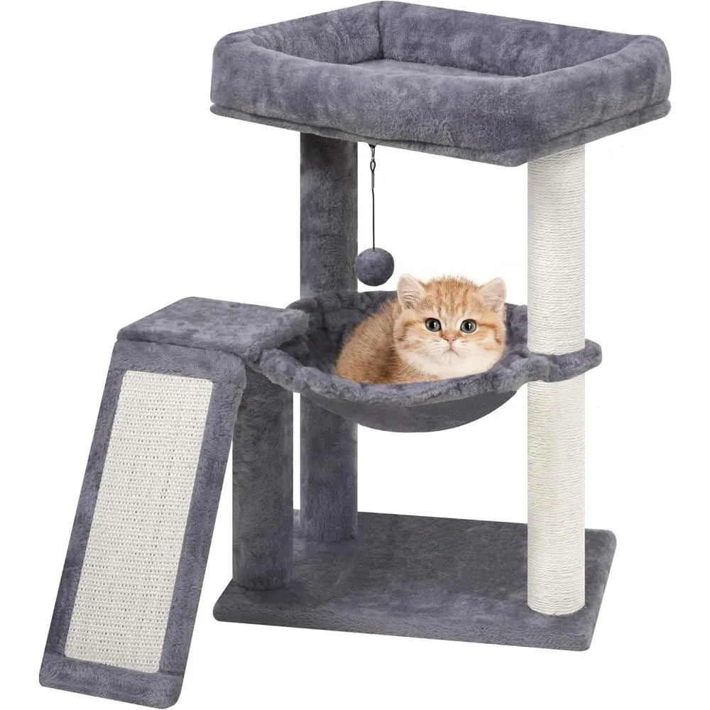 Cat Tree Tower with Scratching Posts Board Hammock and Toy Balls for Indoor Cats Grey