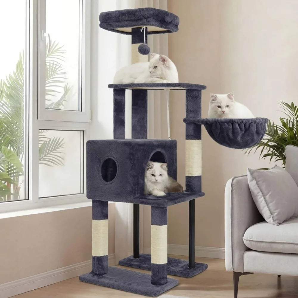 49In MultiLevel Cat Tower with Hidden Condo Steel Frame Plush Perch Hammock and Sisal Posts