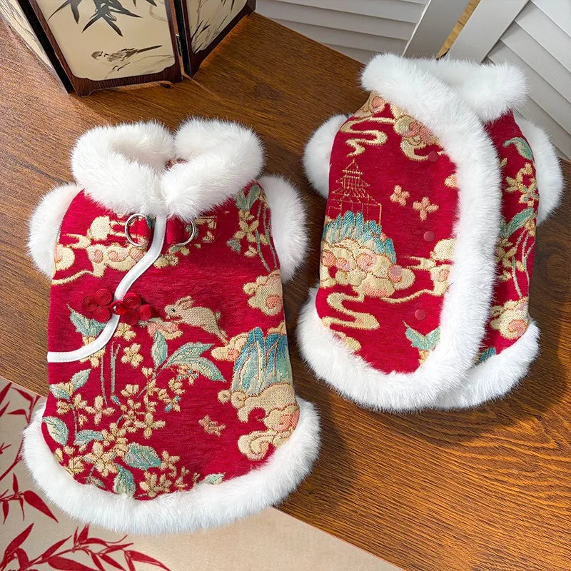 New Year's Pet Dog Cat Clothing Autumn Winter Thick Velvet Dog Red Vest Tang Clothing Teddy Bear Chinese Pet Cat VestCat Clothes