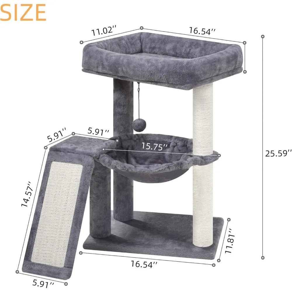 Cat Tree Tower with Scratching Posts Board Hammock and Toy Balls for Indoor Cats Grey
