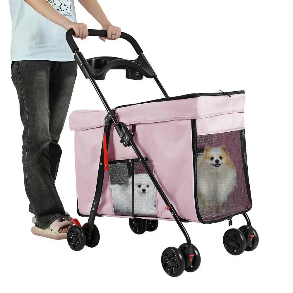 Foldable Cat Dog Stroller with Swivel Wheel, 5 Ventilation Windows & Removable Tray, Travel Pet Cart for Small/Medium Dog