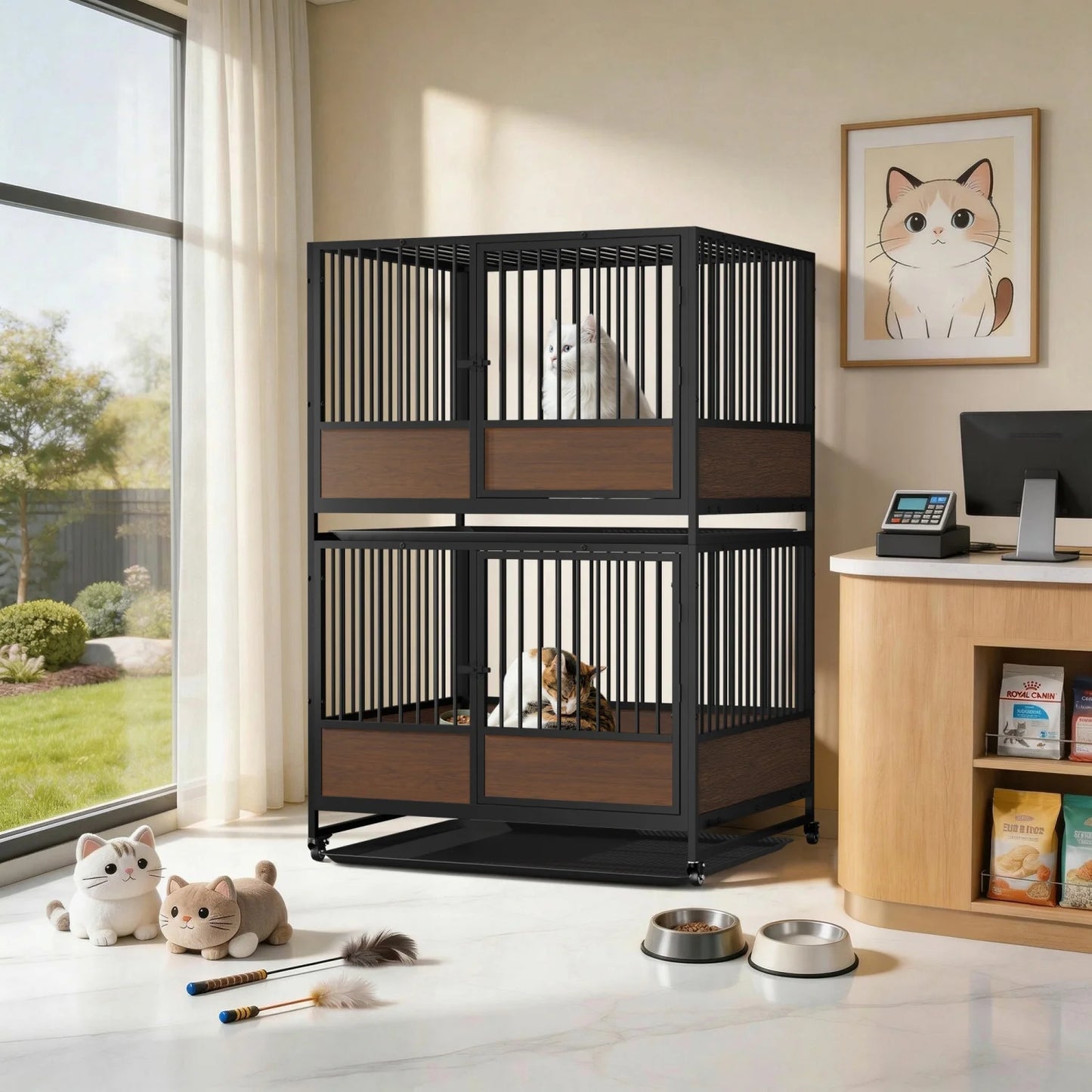 Furniture Style Metal Cat Cage Pet Kennel Roliing Cat Kittens Whelping Crate with Removable Tray for Homes Pet Shops