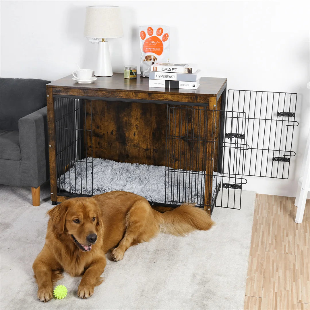 Spacious Brown Wooden Dog Cage End Table Pet Kennel Crate Indoor Furniture for Medium to Large Dogs Animal Cage