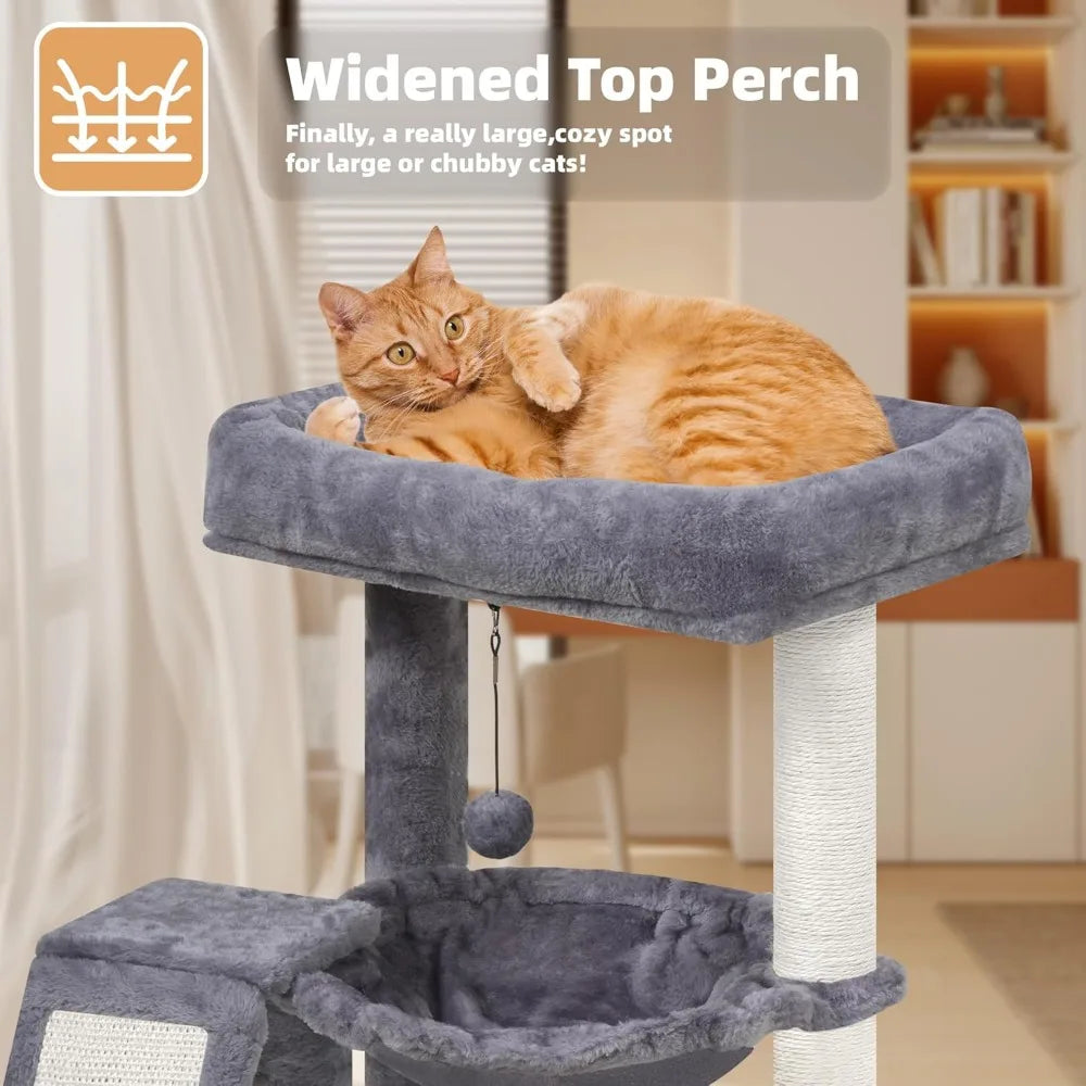 Cat Tree Tower with Scratching Posts Board Hammock and Toy Balls for Indoor Cats Grey