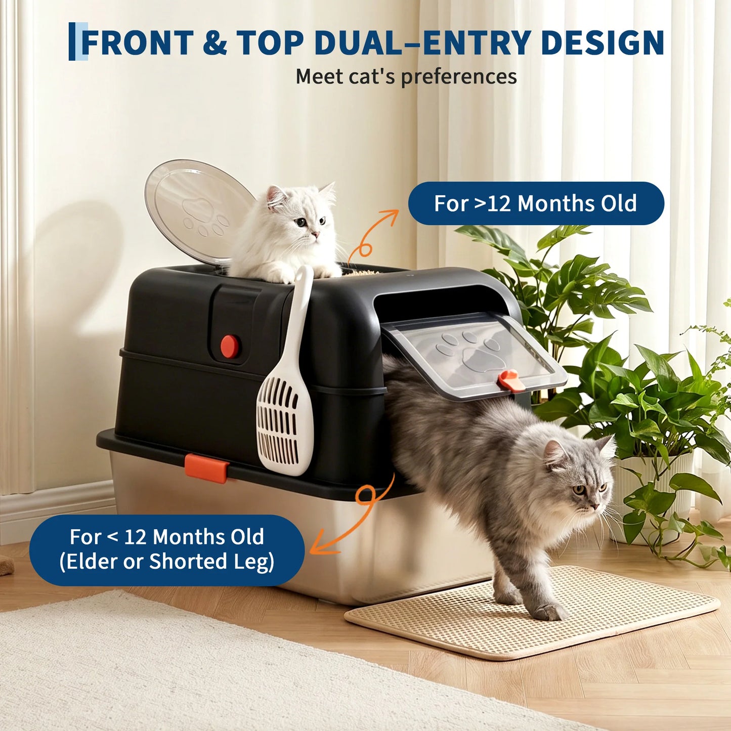 Dog Proof Litter Box Large Stainless Steel Cat Litter Box with Lid, XL Enclosed Metal Litter Pan, Front Entry Top Exit, High-Sided Anti-Leak, Includes Scoop for Big Cats & Multi-Cat Home