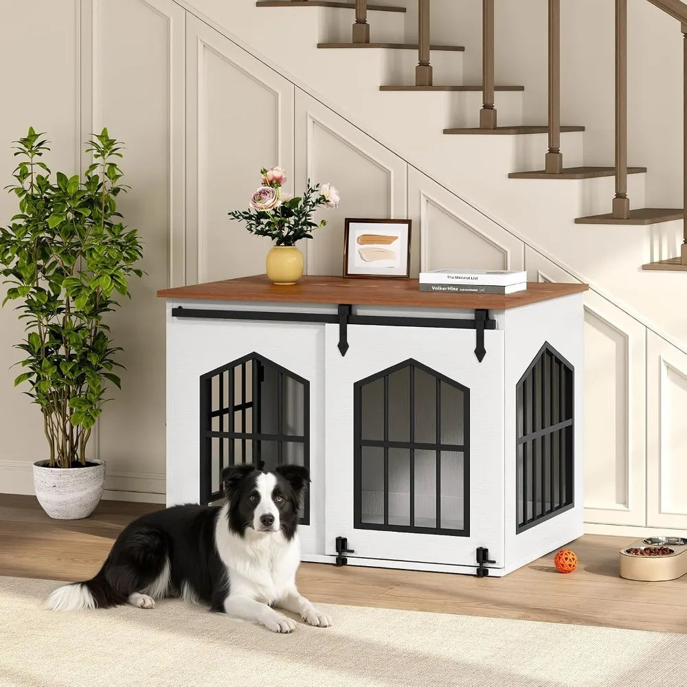 31.5" Farmhouse Dog Crate Furniture with Sliding Barn Door, Wooden Dog Cage for Small Medium Dogs, Decorative Pet House Side End Table, White and Walnut