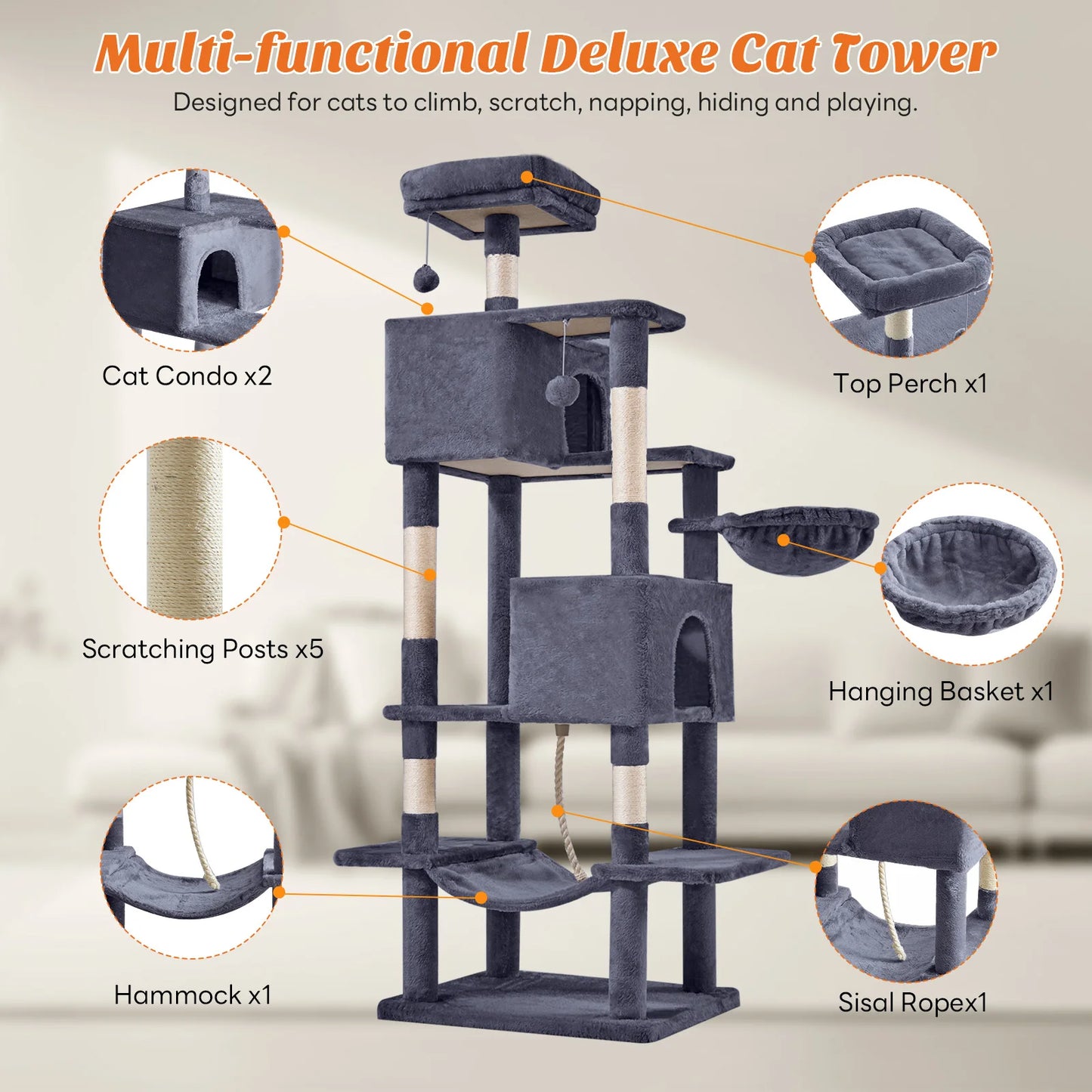 MCQ 66 Inch Cat Tree Tower Multi Level Cat Climbing Tower with Natural Sisal Scratching Posts Pet Condo for Indoor Cats Kittens
