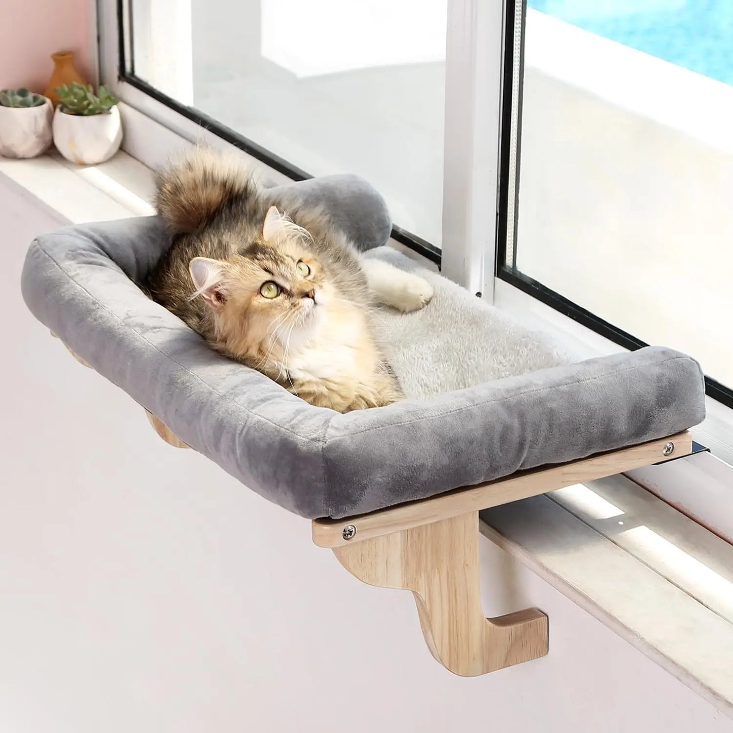Cat Perch for Window Sill with Bolster - Orthopedic Hammock Design with Premium Hardwood & Robust Metal Frame - Cat Window Seat for Large Cats - Natural Color Wood Gray Bed, 26.4''W