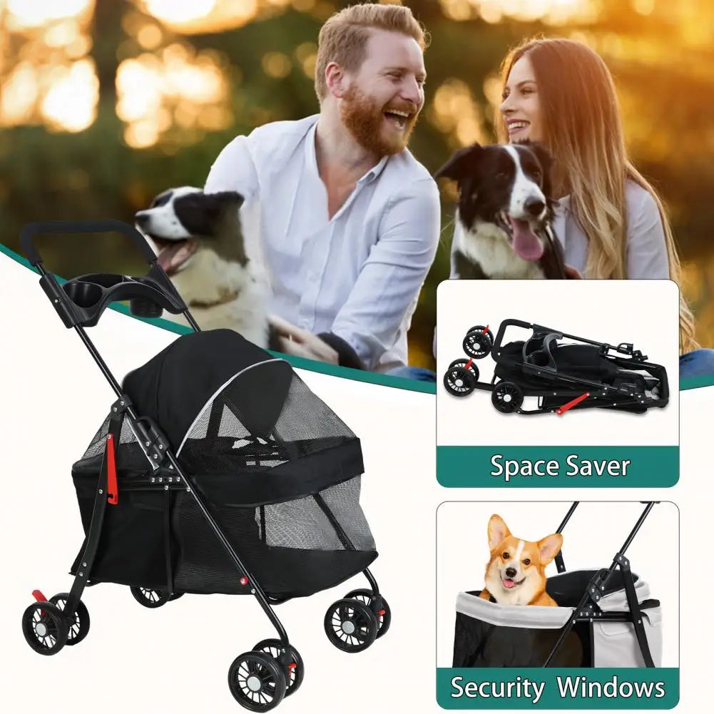 Dog Cat Stroller, Outdoor Travel Pet Cart Folding Stroller With Cup Holder, Visible Mesh Cage Stroller for Medium Small Dog