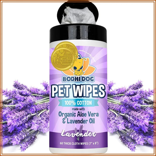 Pet Wipes for Dogs & Cats - Grooming, Cleaning & Deodorizing - No Parabens or SLS - Large Thick Wet Wipes - Lavender Scent (60 Count)