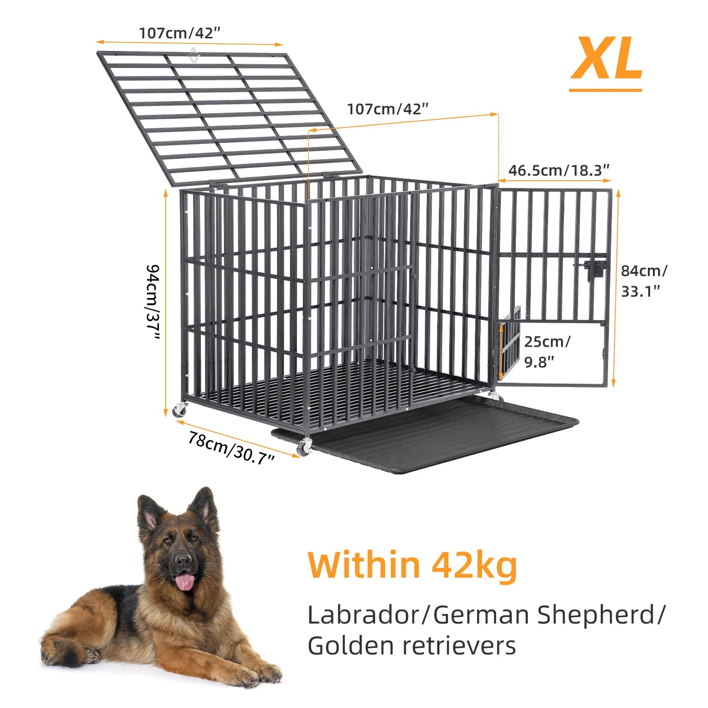 XXL XL Large Heavy Duty Dog Crate Strong Pet Cage Tear Resistant Square Tube Metal Kennel Playpen with Lockable Wheels and Tray