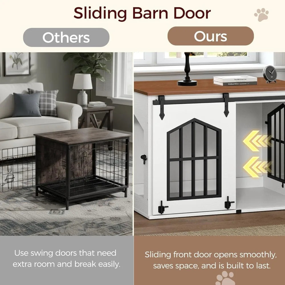 31.5" Farmhouse Dog Crate Furniture with Sliding Barn Door, Wooden Dog Cage for Small Medium Dogs, Decorative Pet House Side End Table, White and Walnut