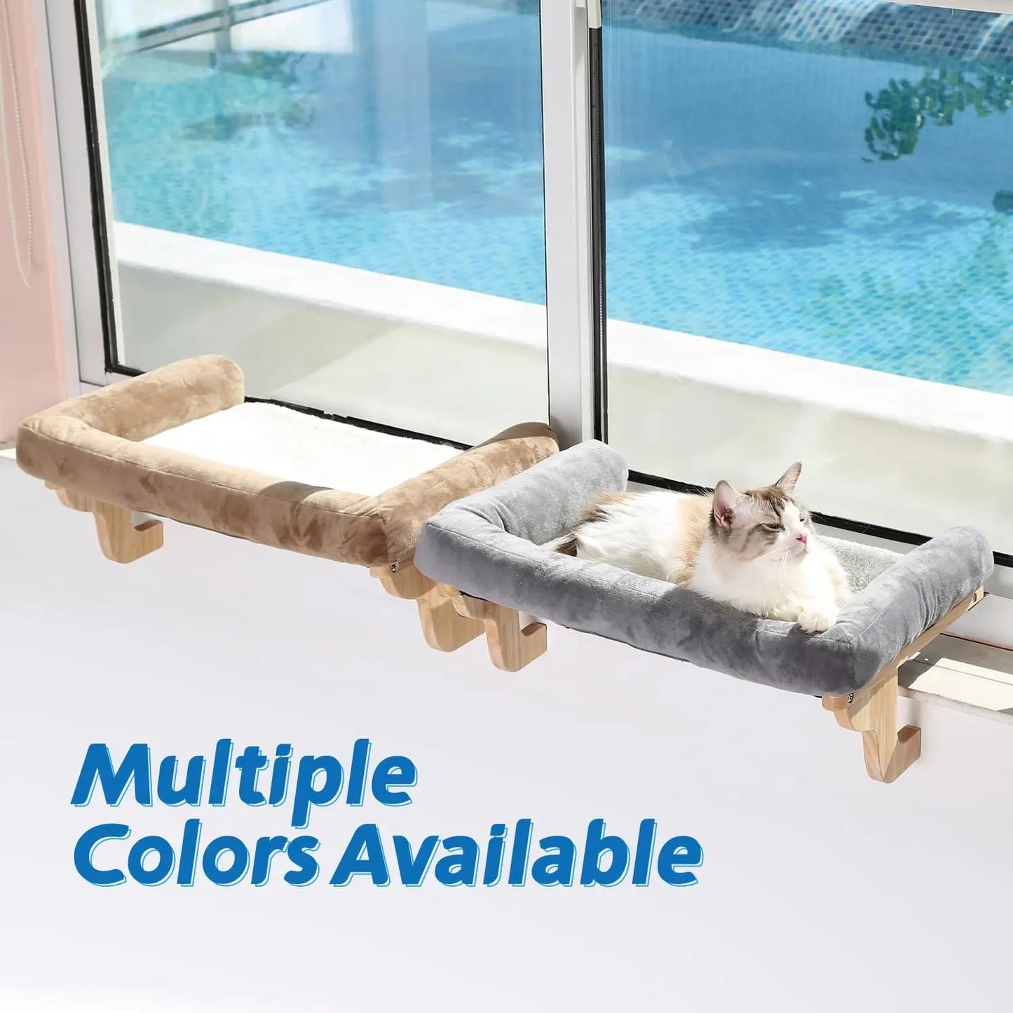 Cat Perch for Window Sill with Bolster - Orthopedic Hammock Design with Premium Hardwood & Robust Metal Frame - Cat Window Seat for Large Cats - Natural Color Wood Gray Bed, 26.4''W