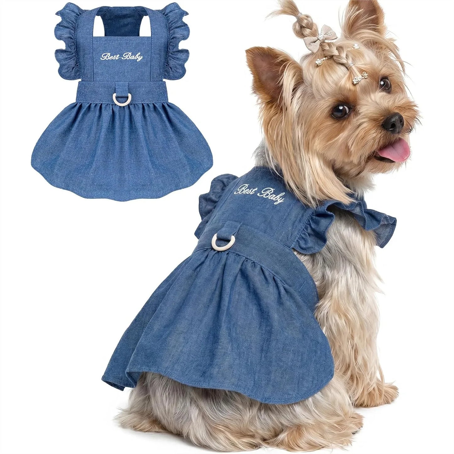 Denim Cat Dog Dress for Small Dogs with Leash Ring Summer Outfit for Girl