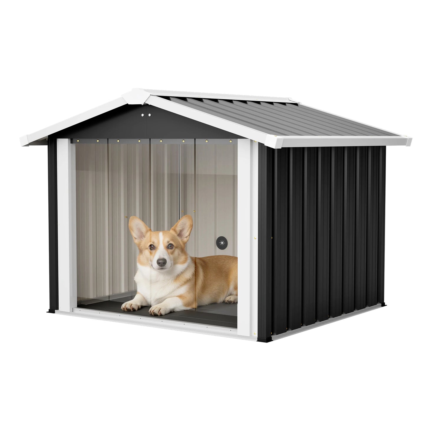39.7x35.8x33.3 in 2 in 1 Metal Dog House Storage Shed Waterproof Shelter PVC Curtain Vent for Med Large Dogs Multi Pets Garden Yard